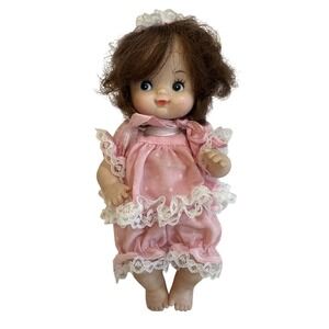 Vintage Rubber Face Doll Pink Lace Outfit Curly Brown‎ Hair Blue Eyes Cute